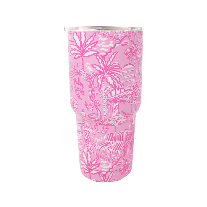 Pink tumbler with a pattern on a white background