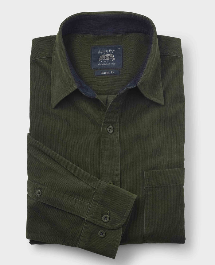 Men's Khaki Cotton Babycord Classic Fit Casual Shirt folded