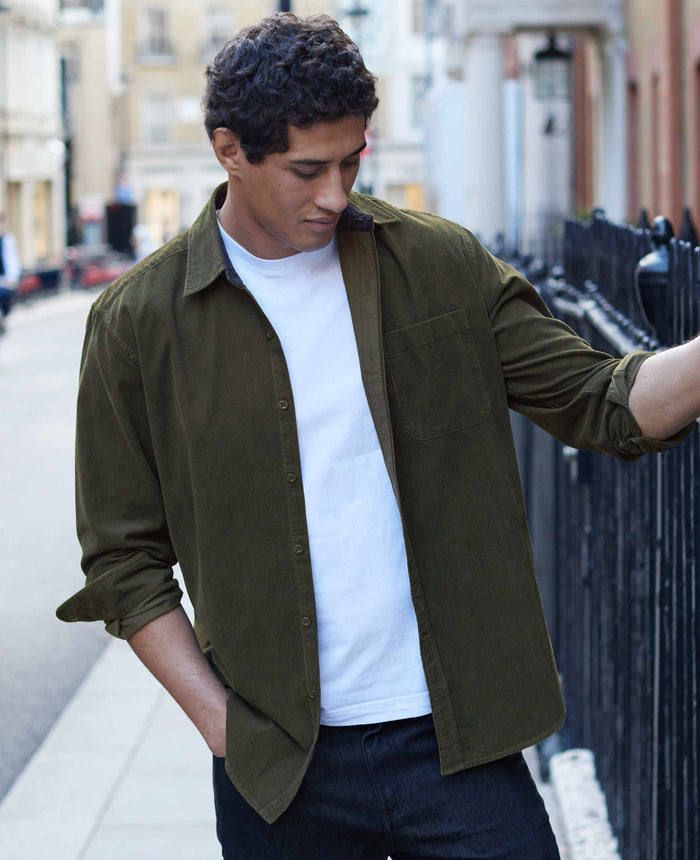 Men's Khaki Cotton Babycord Classic Fit Casual Shirt model shot