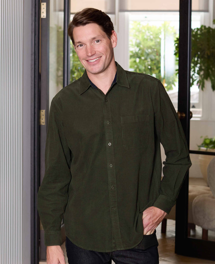 Men's Khaki Cotton Babycord Classic Fit Casual Shirt model shot