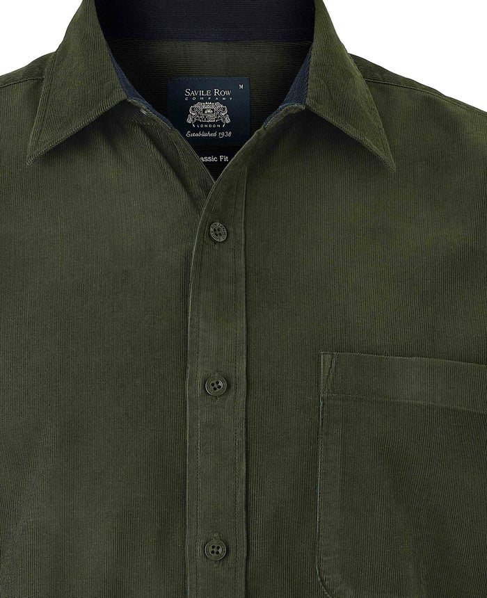 Men's Khaki Cotton Babycord Classic Fit Casual Shirt collar detail