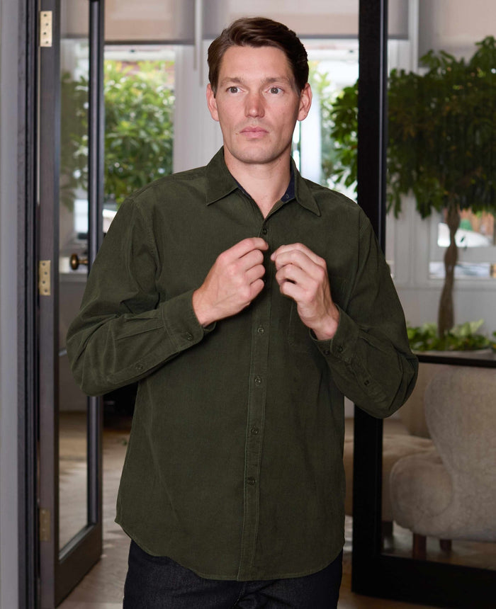Men's Khaki Cotton Babycord Classic Fit Casual Shirt model shot