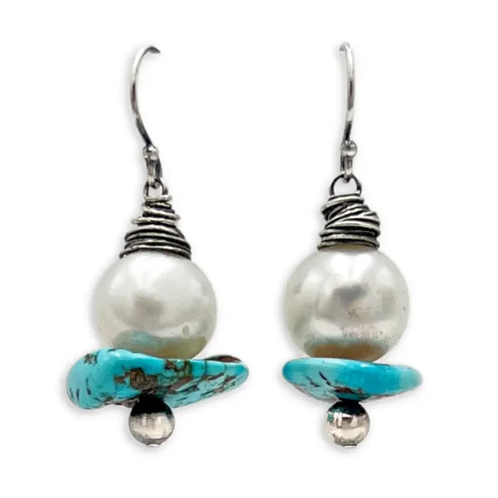 Large Pearl + Turquoise Wrap Drop Earrings
