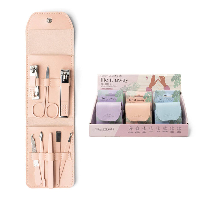An 8-piece nail care kit by Lemon Lavender, displayed in a travel case with various tools including nail clippers, scissors, and tweezers, packaged in a carded display with multiple color options.