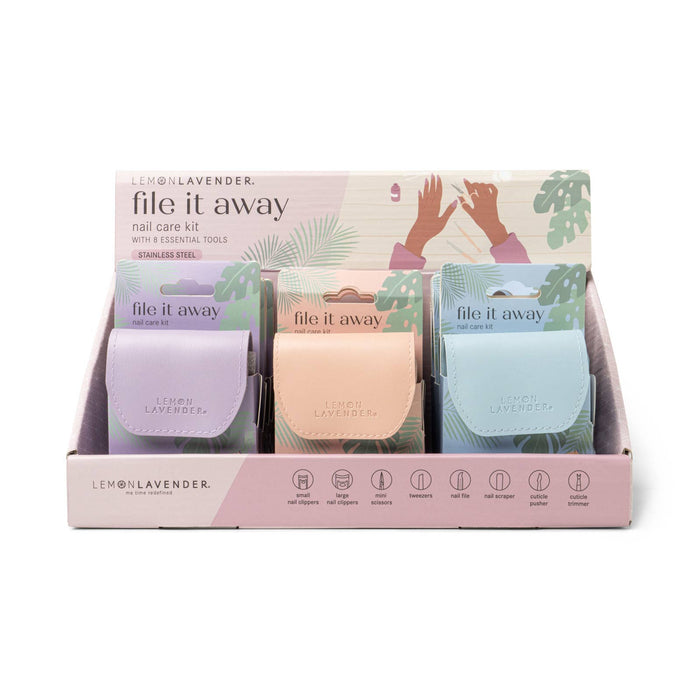file it away manicure set display and packaging against a white background