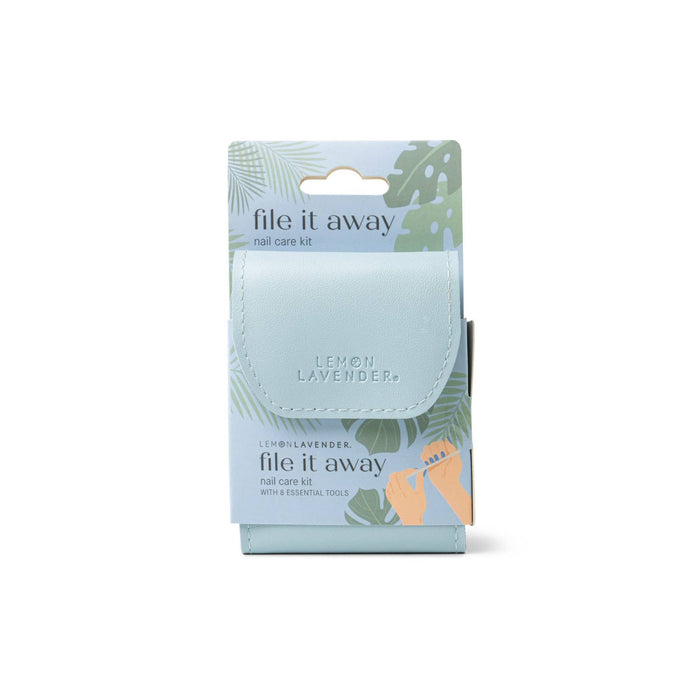 blue file it away manicure set in packaging displayed against a white background