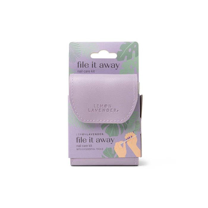 purple lemon lavender file it away manicure kit against a white background