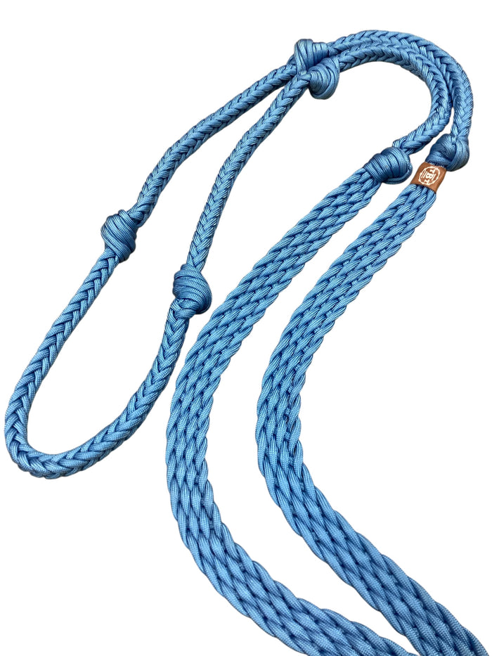 Light blue Barrel Reins, Round with grip knots.