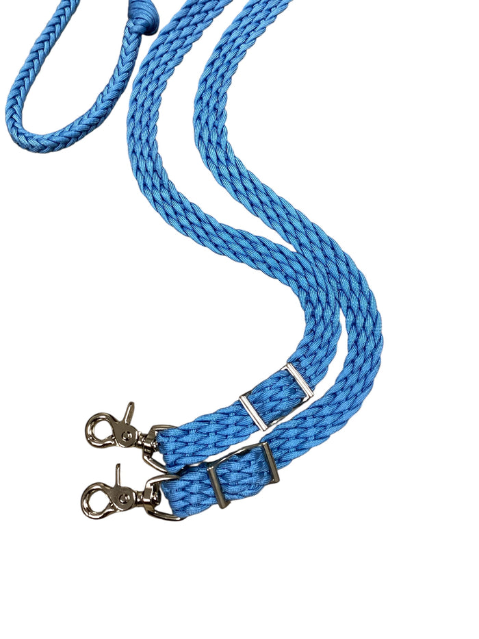 Light blue Barrel Reins, Round with grip knots.