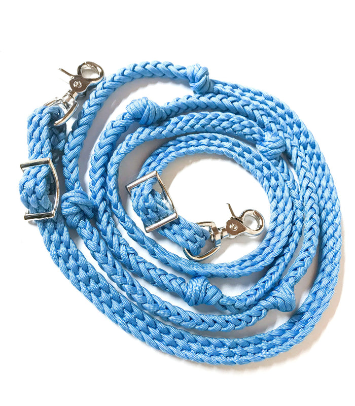 Light blue Barrel Reins, Round with grip knots.