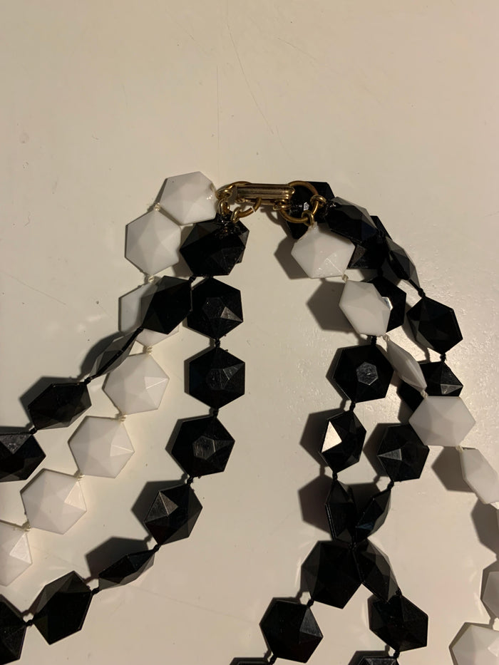 Multistrand Black and White Plastic Geometric Bead Necklace circa 1960s