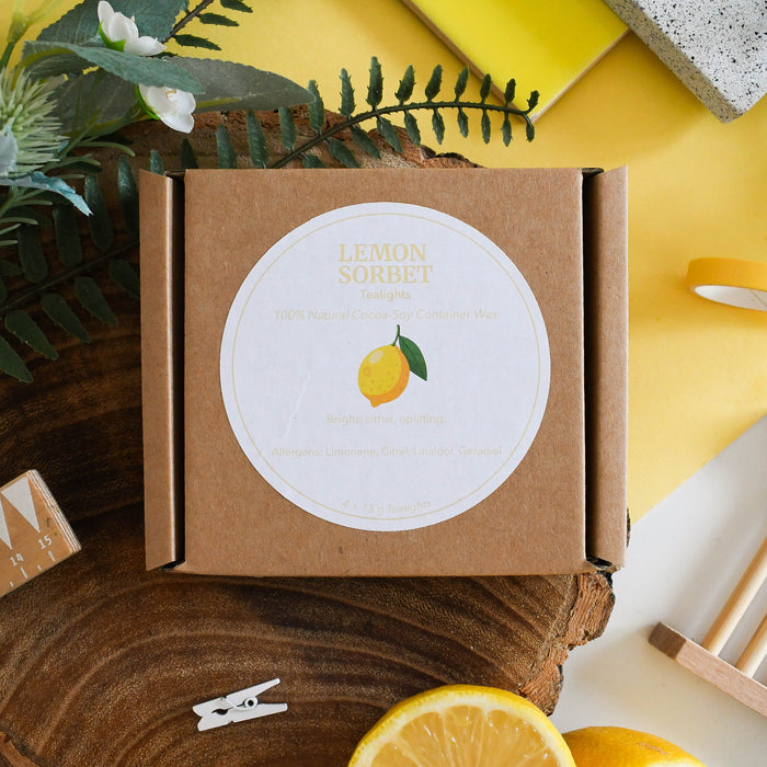 lemon sorbet tealights, set of 4, vegan, plastic-free, home scents, self-care