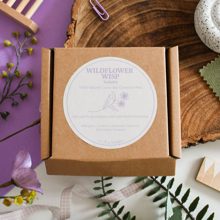 wildflower wisp tealights, set of 4, vegan, plastic-free, home scents, self-care