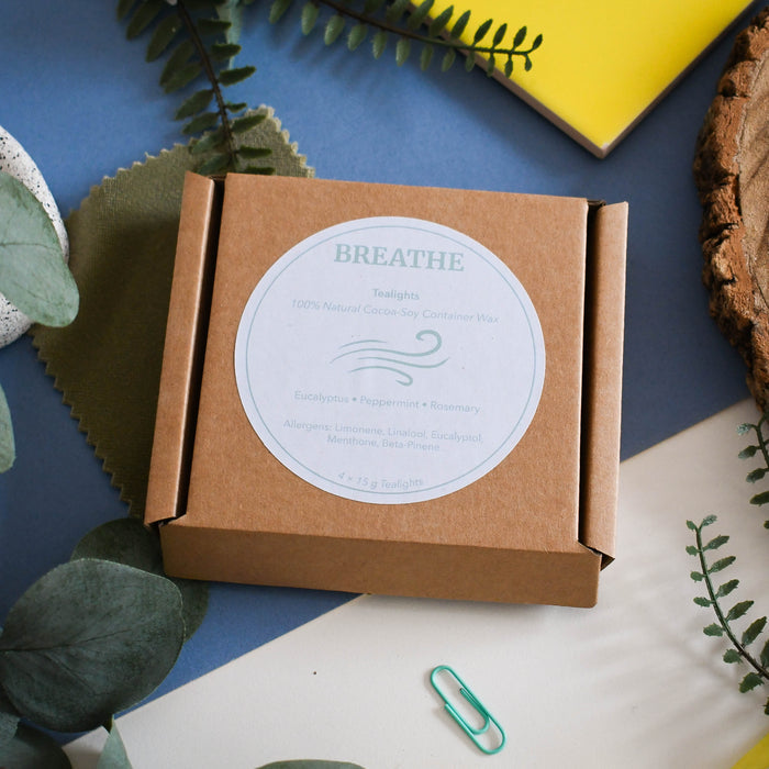breathe tealights, set of 4, vegan, plastic-free, home scents, self-care