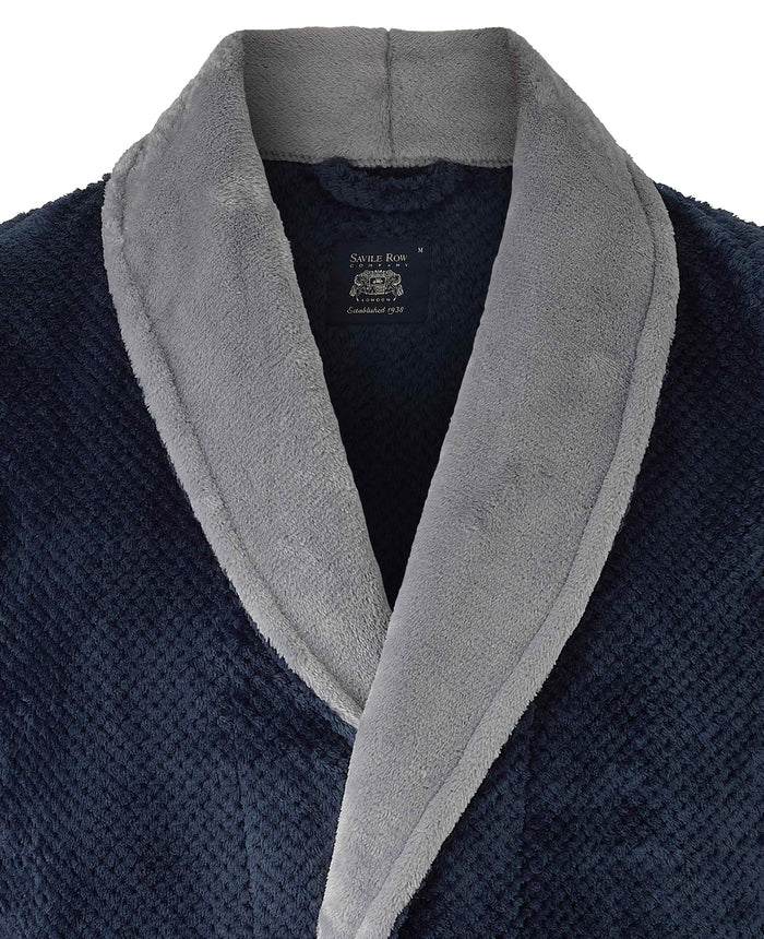 Men's Navy Charcoal Snuggle Fleece Dressing Gown collar detail