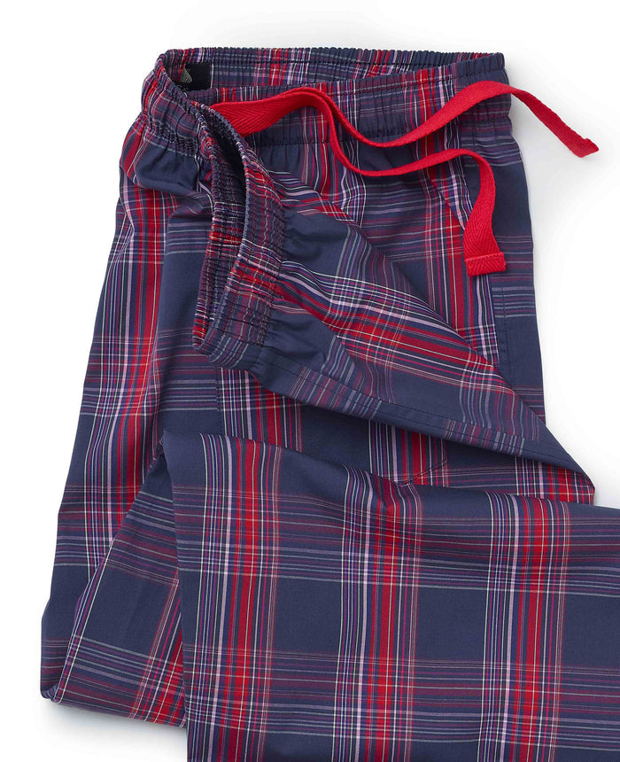 Men's Navy Red Cotton Window Check Lounge Pants waist detail