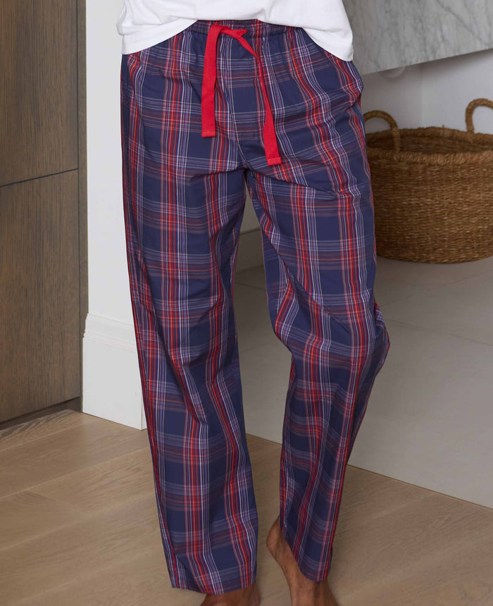 Men's Navy Red Cotton Window Check Lounge Pants model shot