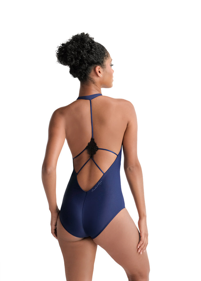 Ballet Rosa women's Darra high neck leotard in navy blue with strappy low back and black center lace detail.