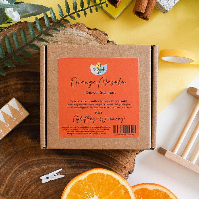 orange masala shower steamers box of 4, shower fizzers, plastic-free, vegan, aromatherapy, self-care