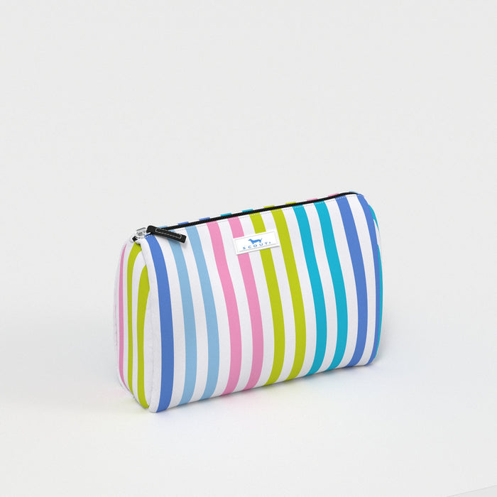 Striped cosmetic 
case with a brand logo on a white background