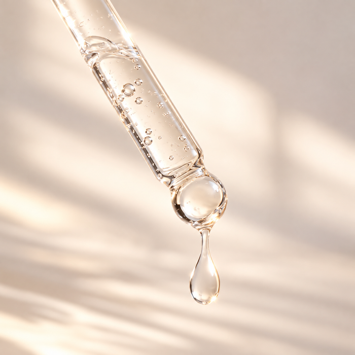 Close-up of PDRN + Peptide Renewal Serum dropper with a clear serum drop