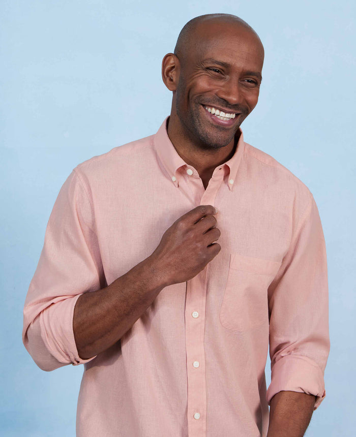 Men's Peach Linen Cotton Classic Fit Button-Down Casual Shirt model shot 2