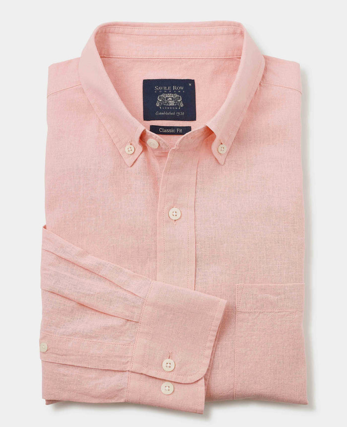 Men's Peach Linen Cotton Classic Fit Button-Down Casual Shirt folded