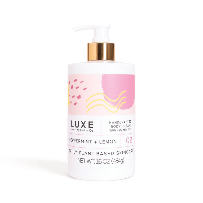 A pump bottle of Luxe brand Peppermint + Lemon Shea Butter Body Cream, indicating a net weight of 16 oz.