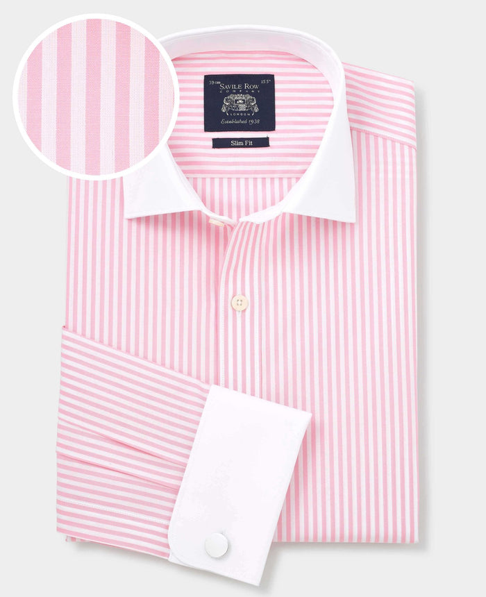 Men's Pink White Cotton Striped Slim Fit Winchester Formal Shirt With Double Cuffs folded shot