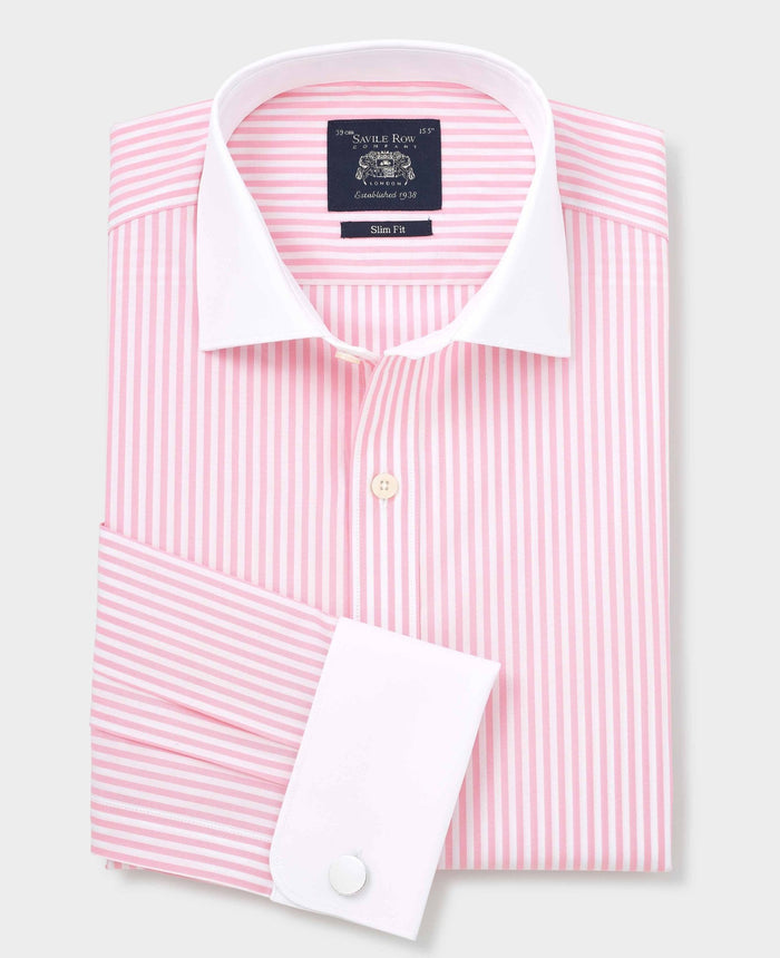 Men's Pink White Cotton Striped Slim Fit Winchester Formal Shirt With Double Cuffs folded