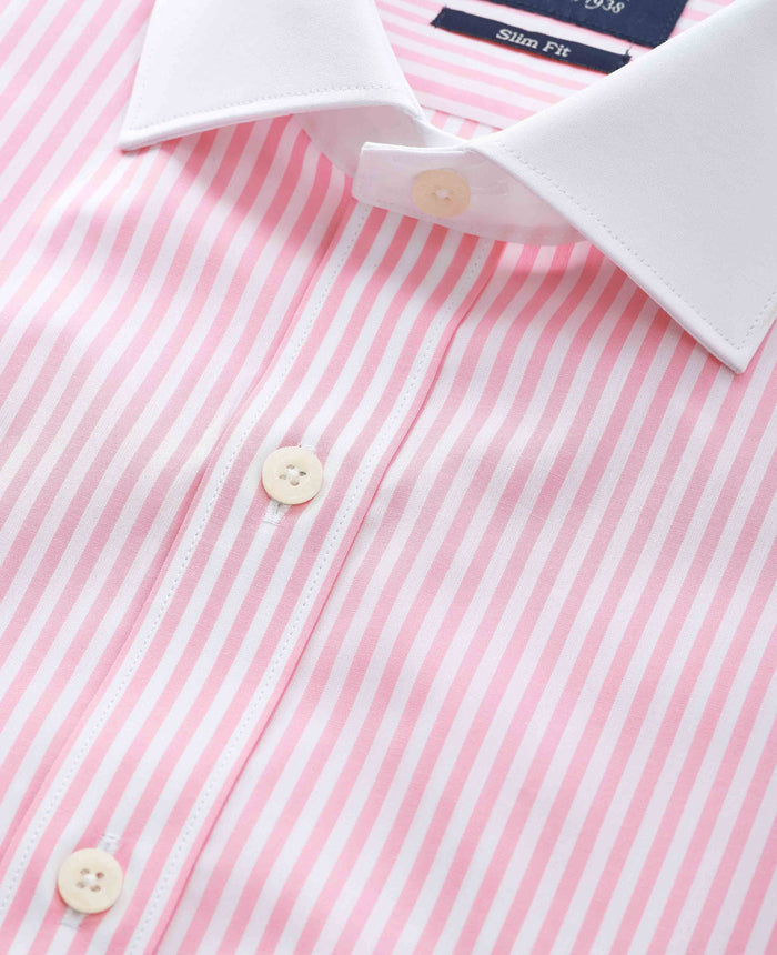 Men's Pink White Cotton Striped Slim Fit Winchester Formal Shirt With Double Cuffs collar detail