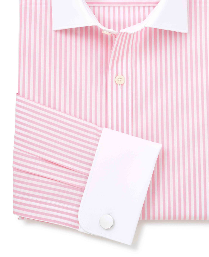Men's Pink White Cotton Striped Slim Fit Winchester Formal Shirt With Double Cuffs sleeve detail
