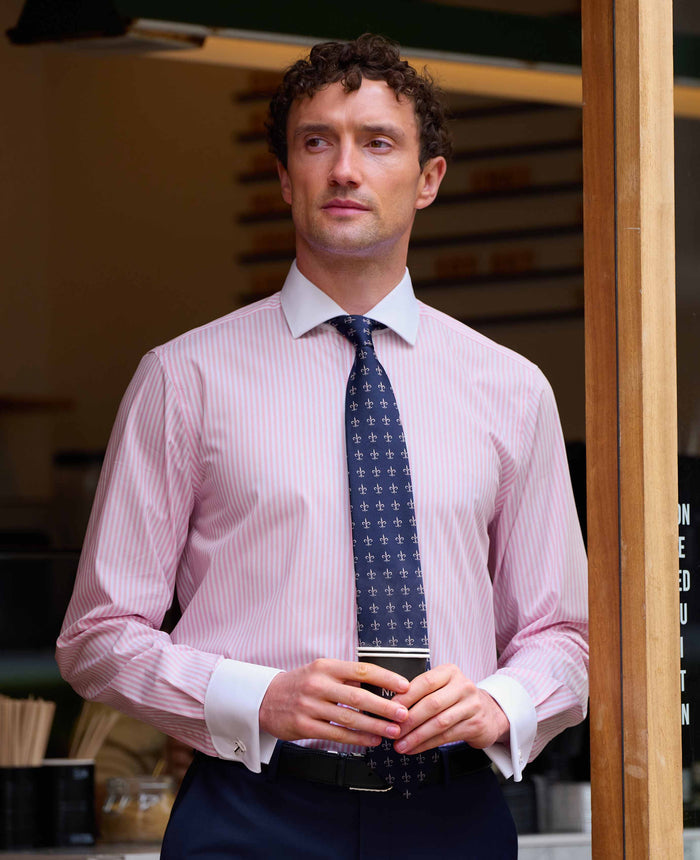 Men's Pink White Cotton Striped Slim Fit Winchester Formal Shirt With Double Cuffs model shot