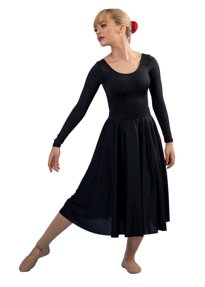 Poze Wear by Angelo Luzio Girls' C504 and Women's A504 Below-the-Knee Circle Skirt in Black for Ballet Character dance, shown on a dancer wearing a matching black leotard