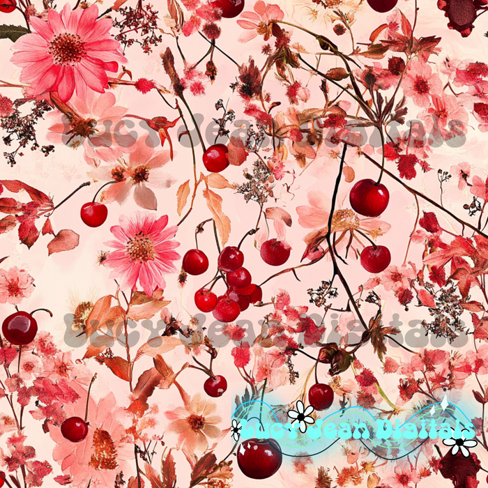 Red cherries and wildflowers Seamless file