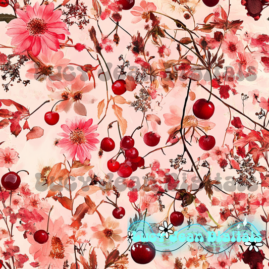 Red cherries and wildflowers Seamless file