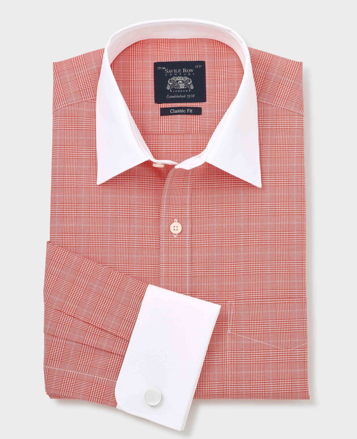 Red Prince of Wales Check dress shirt with white collar and cuffs folded