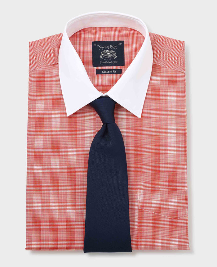Red Prince of Wales dress shirt with white collar and navy tie