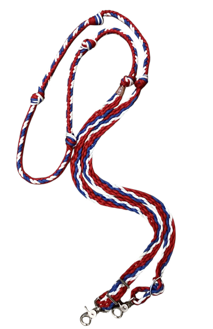 Red white and blue Barrel Reins, Round with grip knots