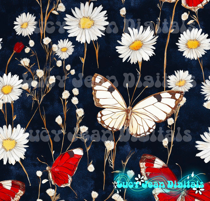 Red/White/Blue Butterflies & Wildflowers Seamless File