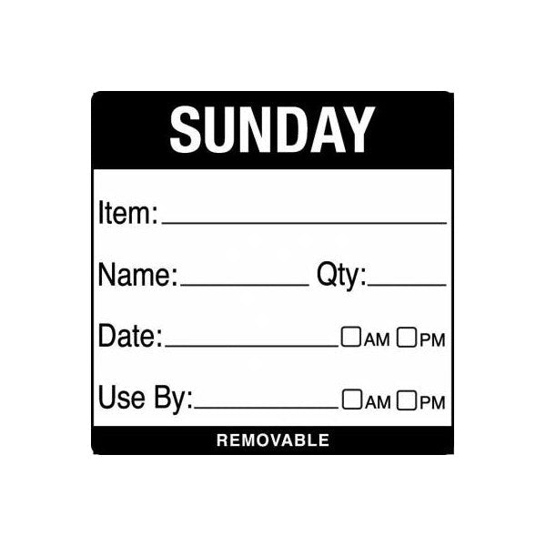 Removable Food Rotation Label 50mm X 50mm  (Roll Of 500) Sunday/Black