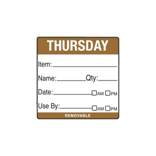 Removable Food Rotation Label 50mm X 50mm  (Roll Of 500) Thursday/Brown