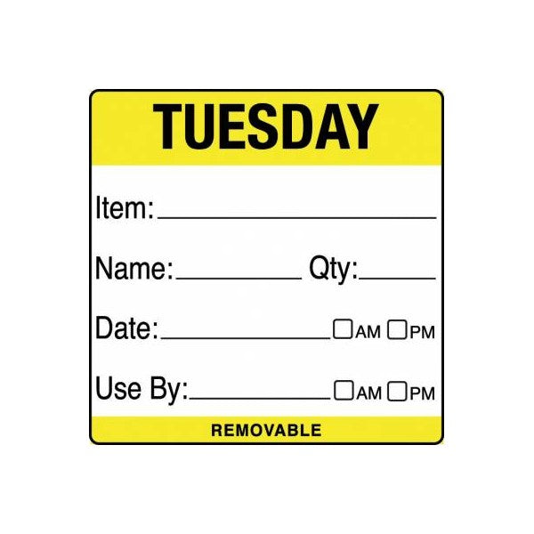 Removable Food Rotation Label 50mm X 50mm (Roll Of 500) Tuesday/Yellow
