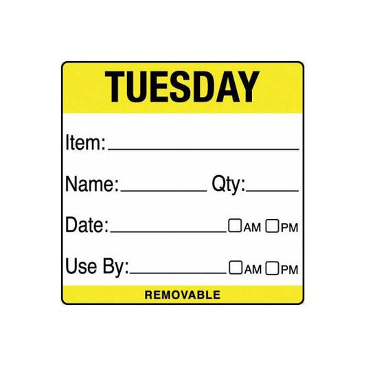 Removable Food Rotation Label 50mm X 50mm (Roll Of 500) Tuesday/Yellow