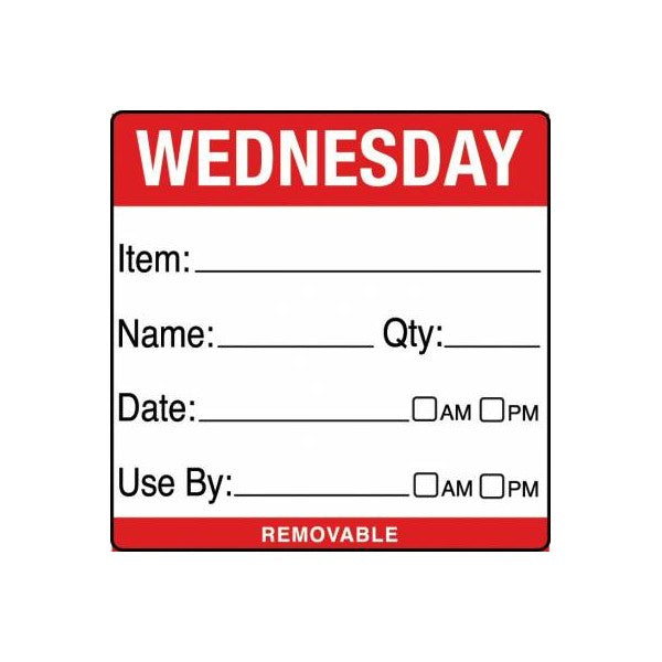 Removable Food Rotation Label 50mm X 50mm  (Roll Of 500) Wednesday/Red