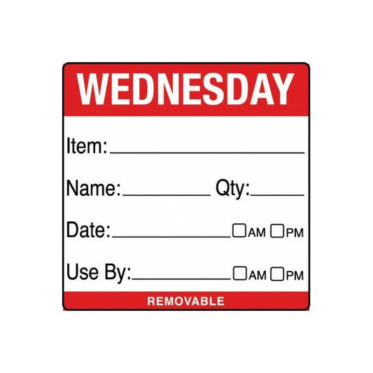 Removable Food Rotation Label 50mm X 50mm  (Roll Of 500) Wednesday/Red