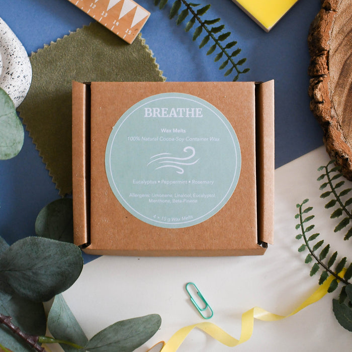 breathe wax melts set of 4, vegan, plastic-free, self care, home scents, natural