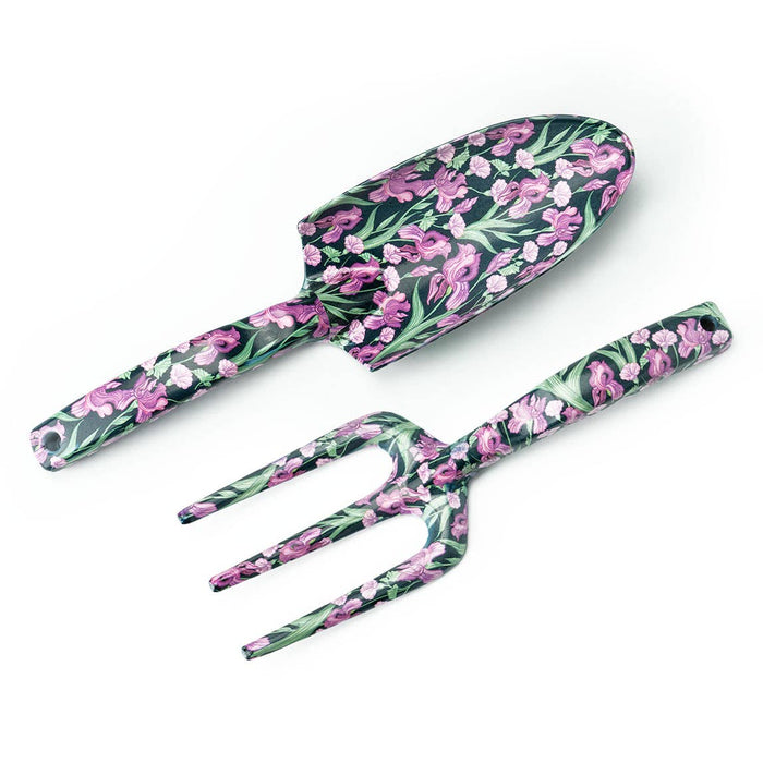 A collection of gardening tools with floral patterns, including a shovel, rake, and other hand tools.