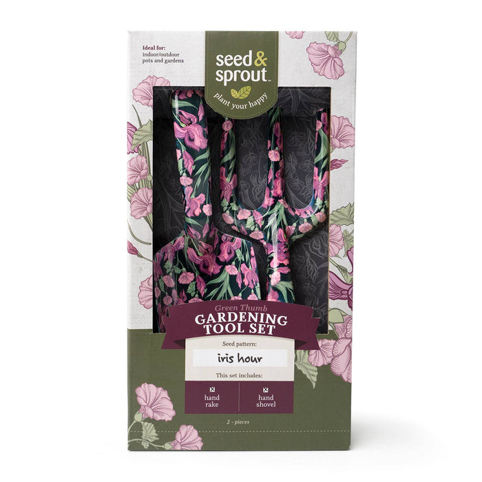 gardening tool set with pink floral pattern in packaging on a white background