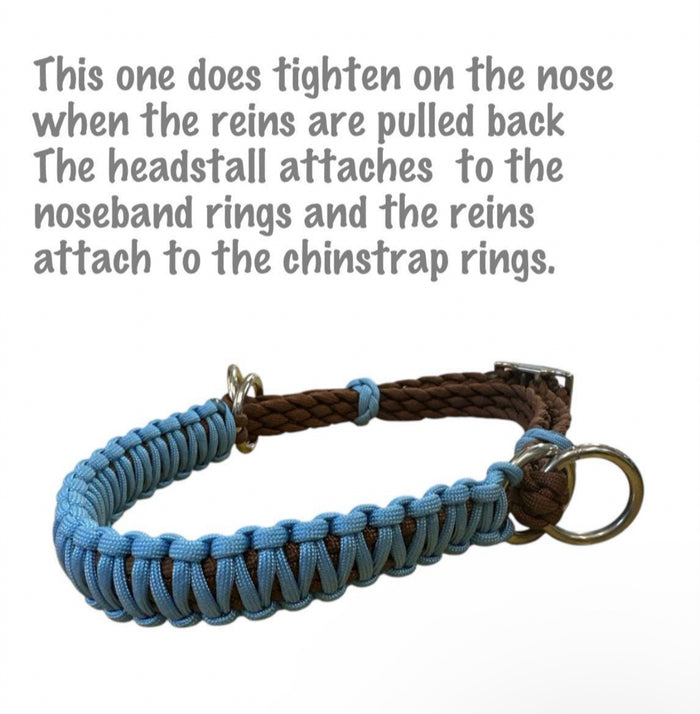side pull hackamore "with a whoa" bitless attachment.... light blue with brown chinstrap...all sizes